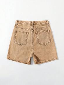 SHEIN EZwear 女士休闲宽松牛仔短裤，带口袋 - 卡其色 - 查看 2