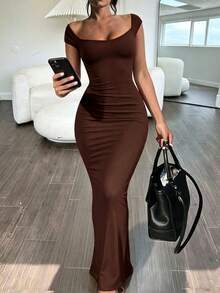 INAWLY Solva Women's Fashionable Versatile Ruched Bodycon Fishtail Hem Dress - Coffee Brown - View 1