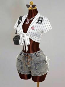 SHEIN 女士夏季街头水洗口袋交叉系带牛仔短裤 - 藍色 - 查看 4