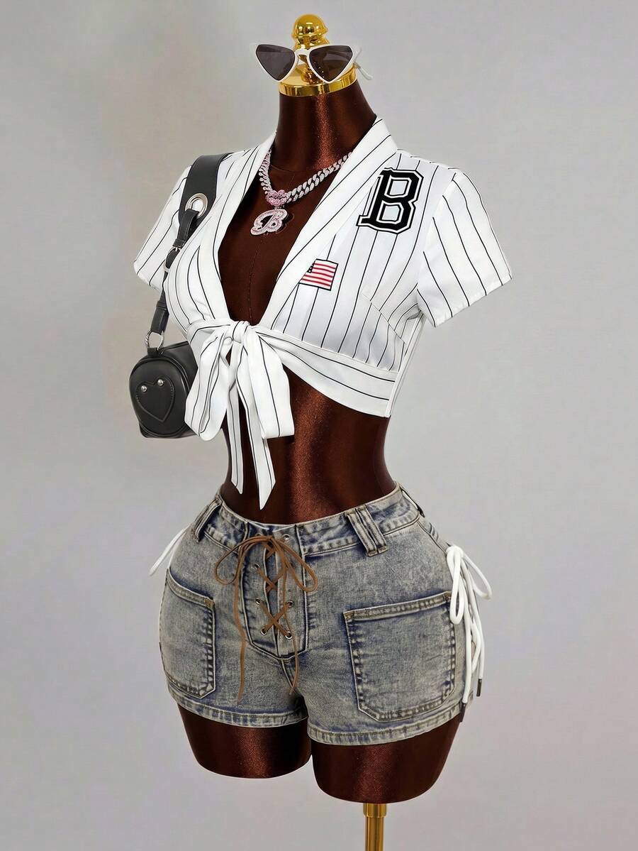 SHEIN 女士夏季街头水洗口袋交叉系带牛仔短裤 - 藍色 - 查看 1