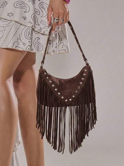 MUSERA Studded Fringed Tassle Faux Leather Handbag For Going Out Daily Spring Holiday Accessory,Rivets, Retro, Vintage, Bohemian Style, Fashionable, Personalized, Simple, Versatile, Street, For Daily, Music Festival