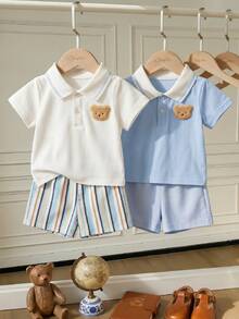 Souflis Souflis 4pcs Baby Boy Infant Toddler Newborn Casual Everyday Outing Gentleman Academy Style Polo Shirt Set, Blue Polo Shirt + White Polo Shirt + Shorts - Multicolor - View 2