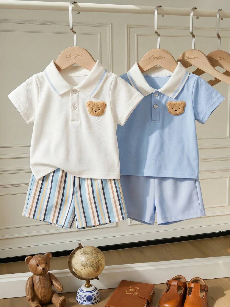 Souflis Souflis 4pcs Baby Boy Infant Toddler Newborn Casual Everyday Outing Gentleman Academy Style Polo Shirt Set, Blue Polo Shirt + White Polo Shirt + Shorts