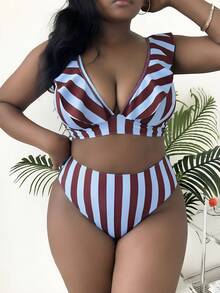 Slaydiva Plus Size Women 2pcs Striped Print Tankini Swimwear Set - Multicolor - View 5
