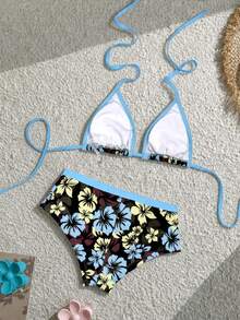 Elavelle Bộ bikini hai mảnh buộc cổ tam giác in họa tiết hoa dâm bụt nhiệt đới, viền đen và xanh dương, thích hợp cho kỳ nghỉ. - Nhiều màu - Xem 2