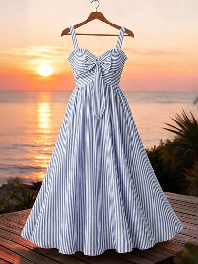 Plus Size Women's Heart Neck Ruffle Trim Bow Tie Front Sleeveless Elastic Waist A-Line Vacation Dress, Elegant Summer Holiday Maxi Dress