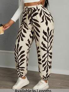 SHEIN PETITE CURVE Quần ống rộng cạp chun, quần jogger, dáng suông - Màu be - Xem 8