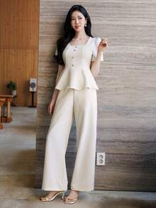 DAZY Bộ 2 món gồm áo hai dây và quần ống đứng kiểu dáng thành thị dành cho nữ, thích hợp mặc đi làm vào mùa xuân và mùa hè. - Màu be - Xem 5
