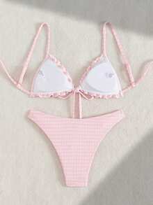 Swim Mod Conjunto de bikini de 2 piezas de color rosa vibrante con frente de volantes con textura, lazo en la cintura y plisado, de moda dulce y elegante para fiestas, verano y vacaciones en la playa - Rosa - Ver 3