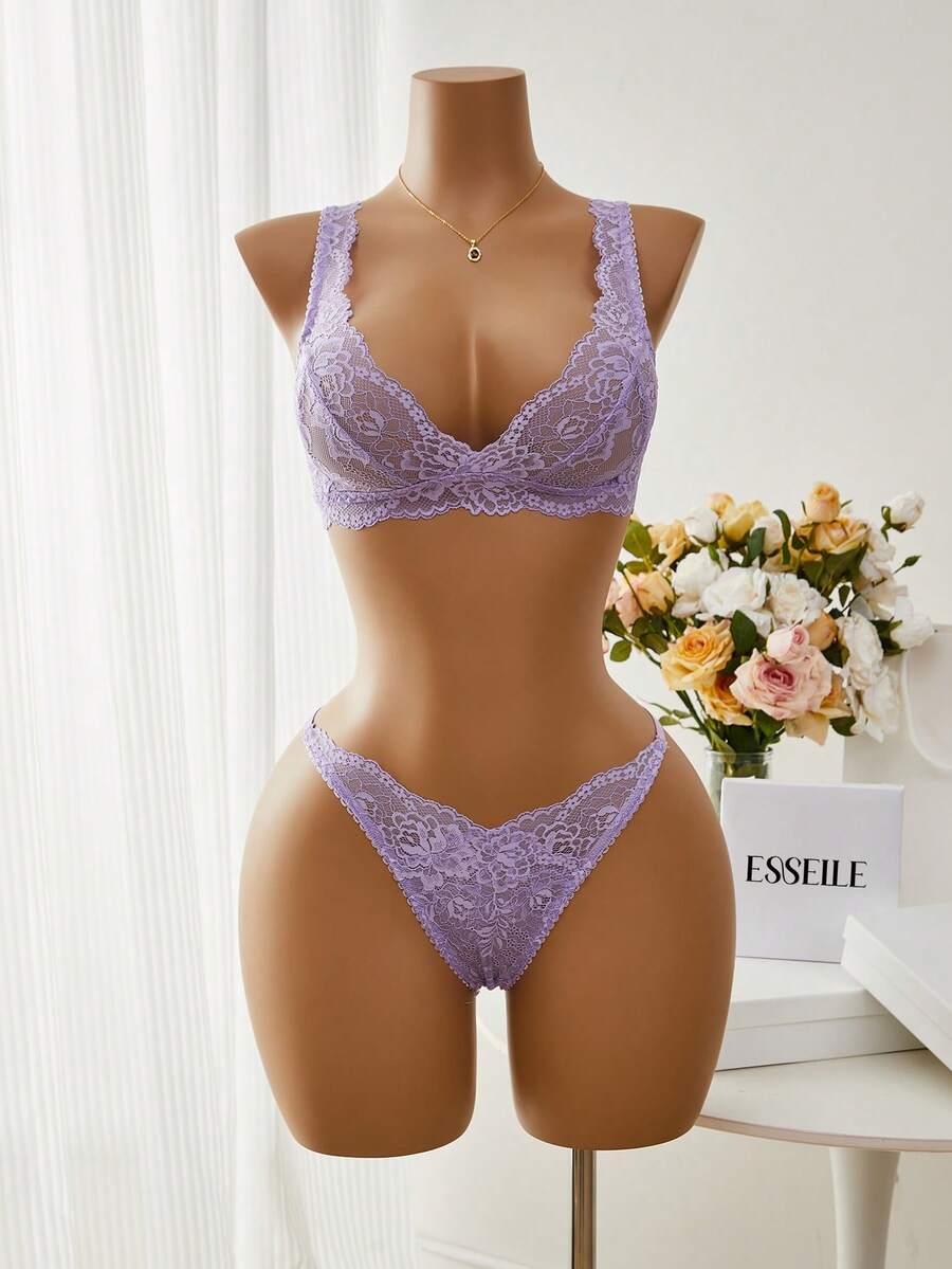 Esselle Floral Lace Bra & Panty Lingerie Set - Mauve Purple - View 1