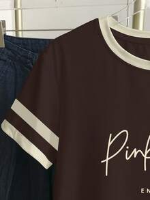 Resyla Camiseta de mujer con cuello redondo y estampado de letras en bloques de color - Marrón - Ver 4
