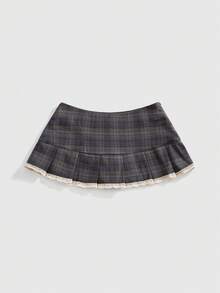 Sweetness Y2K Retro Sweet Versatile Button Decor Plaid Pleated Mini Skirt, Super Low Waist For Women - Grey - View 2