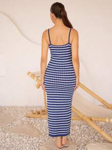 Andrea Bello Schwarz-weiß gestreiftes ärmelloses Midi-Kleid, elegant und anmutig für Frauen, Frühlings-/Sommerkleid, sexy Sommerkleid, blaues gestreiftes Kleid, figurbetontes Sommerkleid, blaues und weißes Kleid, enges langes Kleid, Strandkleid, Badeanzug, Strandurlaubs-Outfits für Frauen, blaues gestreiftes Damenkleid - Blau - Übersicht 2