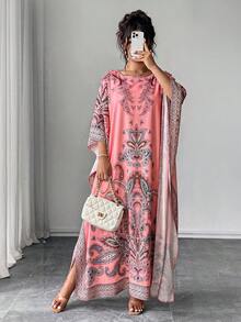 Elenzga Plus Size Batwing Sleeve Round Neck Printed Loose Fit Dress, Suitable For Vacation And Gathering - Watermelon Pink - View 4