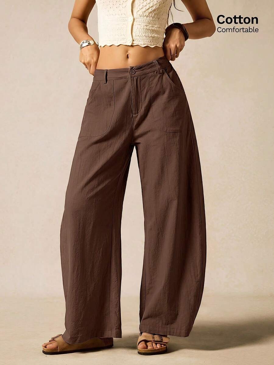 Easelle Celana Panjang Wanita Model Flare Lebar Berbahan Tenun Warna Cokelat Tua - Chocolate Brown - View 1