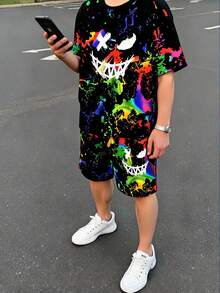 SHEIN 2件套青少年男童休闲简约扎染复古印花短袖圆领套装，夏季 - 彩色 - 查看 6