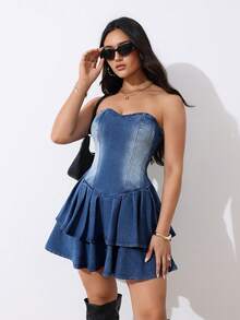 SHEIN Tall Vestido corto de mezclilla sin tirantes con volantes para mujer, atuendos casuales de verano y de fiesta para mujeres, vestido corto de mezclilla sexy sin tirantes de moda para mujer, verano - Azul lavado oscuro - Ver 7