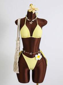 Zestiva Swim Mod-D 3件組夏季度假海灘比基尼套裝，網格印花與純色細肩帶背心、細肩帶三角杯胸罩、花卉飾品側綁比基尼褲，性感女款背心套裝 - 彩色 - 查看 3