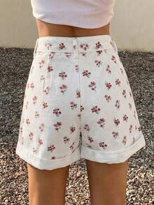 Denim Shorts With Rolled And Pleated Hem - White 2 - View 3