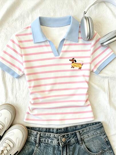 Teenage Girls' Full Print Polo Shirt, Sweet & Collegiate Style, Blue Contrast Collar, Pink & White Striped Dachshund Dog Print, Short Sleeve Versatile Slim Fit Casual Top, Retro Classic Comfortable For Spring, Summer, Autumn, Winter