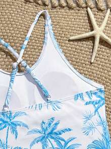 SHEIN Bộ đồ bơi tankini buộc dây hở hông in hình cây cọ cho bé gái tuổi mới lớn, họa tiết ngẫu nhiên - Màu xanh lam - Xem 5