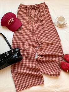 Comfortcana Women's Plaid, Summer, Casual, Picnic Drawstring Waist Pants, Gingham Checkered Trousers, Country Style Spring, Daily Wear Carnival Costume - Orange - View 6
