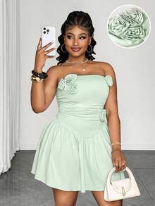 Maweii Plus Size Women's Brown,Summer,Elegant,Wedding Gym Guest Strapless Dress,3D Floral Pleated Slim Fit Short Dress,Beach Party Vacation Style - Mint Green - View 1