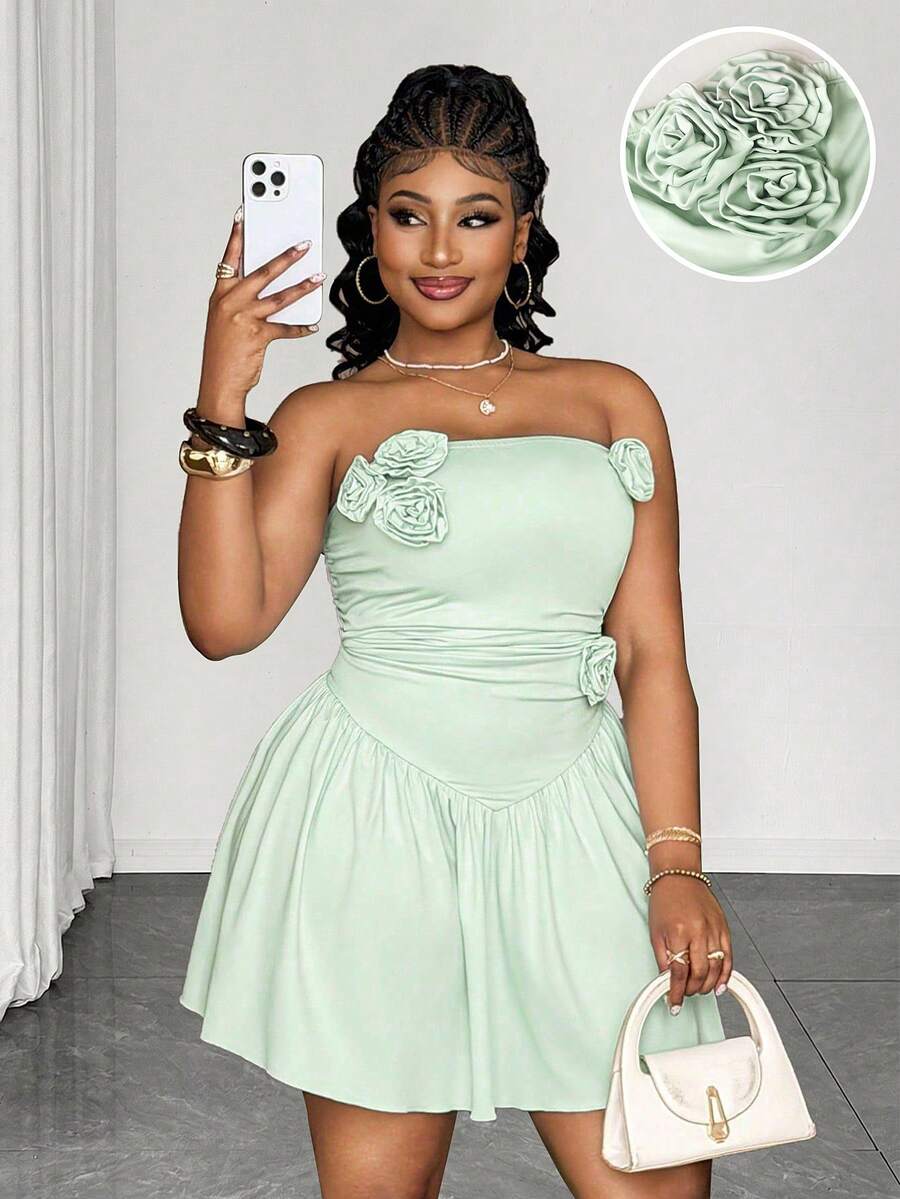 Maweii Plus Size Women's Brown,Summer,Elegant,Wedding Gym Guest Strapless Dress,3D Floral Pleated Slim Fit Short Dress,Beach Party Vacation Style - Mint Green - View 1