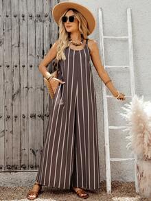 EMERY ROSE Bộ jumpsuit nữ mùa hè, đi biển, phong cách thường ngày, họa tiết kẻ sọc, dáng rộng, có túi, không tay, ống rộng, có ngăn. - Nhiều màu - Xem 1
