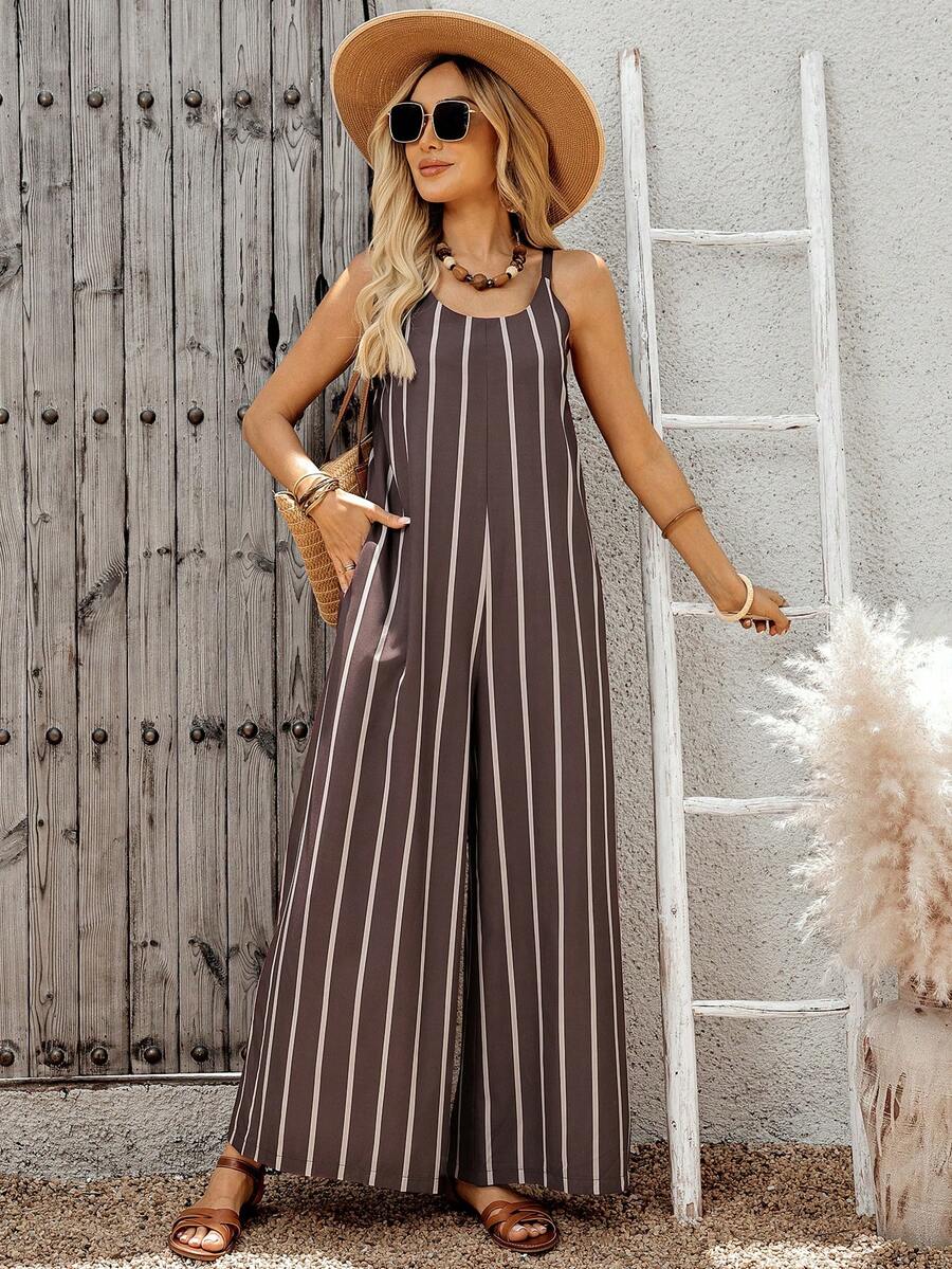 EMERY ROSE Bộ jumpsuit nữ mùa hè, đi biển, phong cách thường ngày, họa tiết kẻ sọc, dáng rộng, có túi, không tay, ống rộng, có ngăn. - Nhiều màu - Xem 1