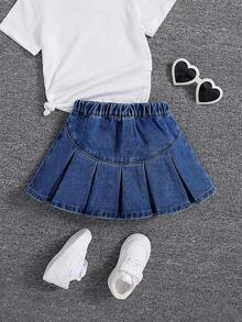 SHEIN Young Girl Plain Color Pleated Casual Denim Skirt - Dark Wash - View 2