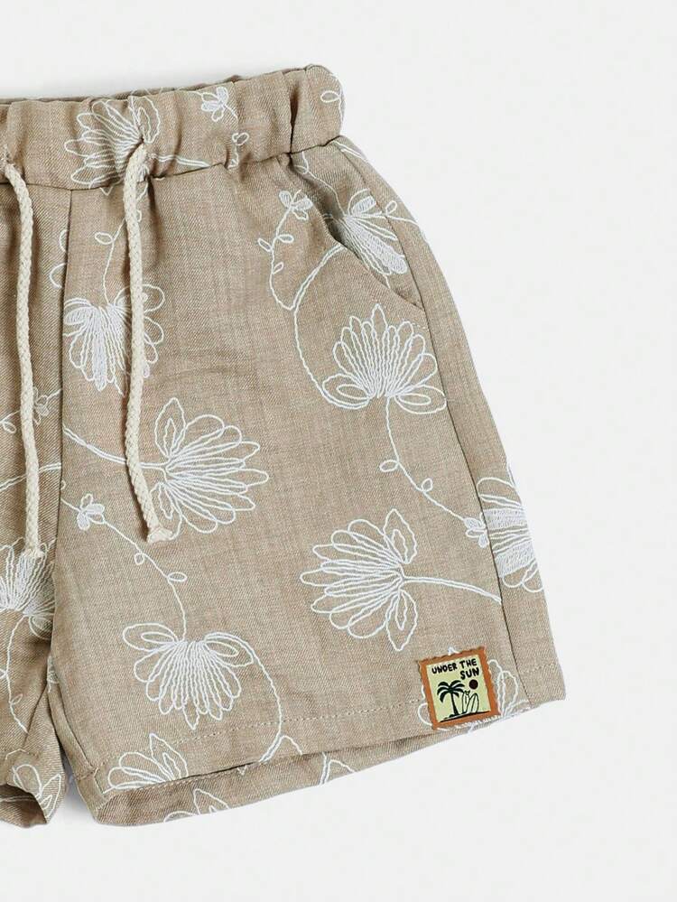 Boys Embroidered Floral Shirt And Shorts Co Ord Set Short Sleeve Button Down Casual Summer Outfit Beige Two Piece