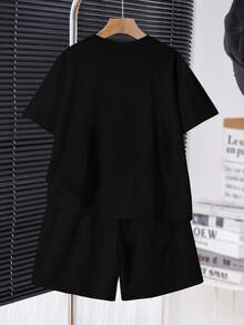 2pcs Tween Boys Casual Minimalist Round Neck Short Sleeve Shorts Set, Classic King Crown Print, Suitable For Summer Holiday Black - Black - View 3