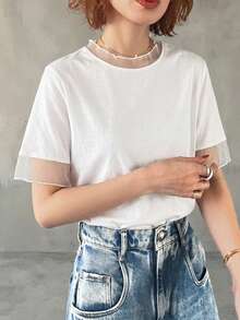 FRIFUL Women's Casual Loose Sheer Mesh See-Through Solid Color T-Shirt, Versatile For Spring And Summer - White - View 9