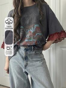 FRIFUL Women's Casual Loose Fit Letter Print Lace Patchwork Short Sleeve T-Shirt, Breathable Cotton Blend, Versatile For Spring/Summer Graphic Tees Women - Grey - View 8