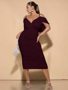 SHEIN BAE Damen Große Größen Plissee Mesh Spaghetti Träger langes Kleid, Geburtstagskleider für Frauen - Kastanienbraun - Übersicht 4