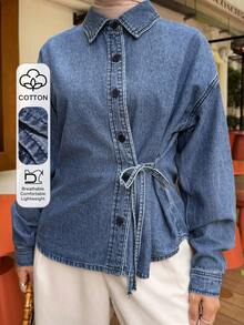 Joudiya Chaqueta y abrigo de mezclilla con cintura ajustada, suelto y casual, adecuado para primavera y verano - Azul - Ver 1