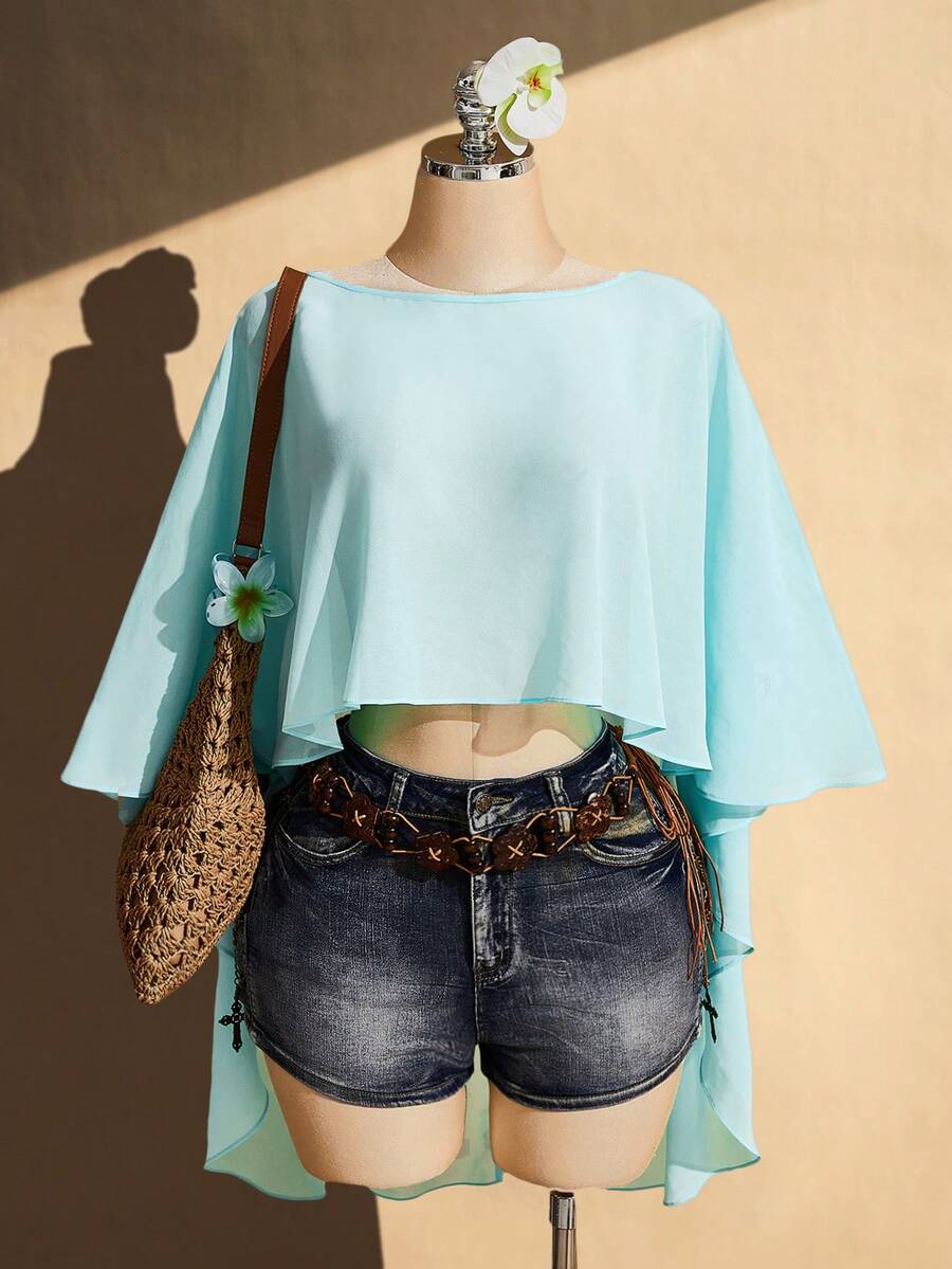 SHEIN ICON Áo choàng nữ dáng rộng màu xanh dương, kiểu dáng thường ngày, dễ mặc, vạt áo bất đối xứng, thích hợp cho kỳ nghỉ. - Màu xanh lam - Xem 1