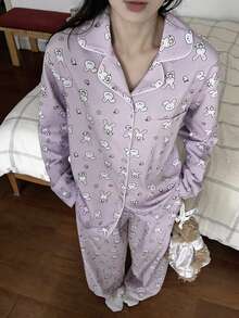 DAZY 2pcs Cute Rabbit Print Full-Print Long Sleeve Long Pants Pajama Set, Women Spring Sleepwear Outfit - Mauve Purple - View 5