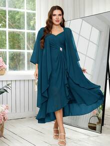 Reflora Gaun Pesta Elegan Wanita Ukuran Besar dengan Hiasan Berlian Imitasi, Atasan Camisole dan Jaket Luar Ringan Transparan, Set 2 Potong - Teal Blue - View 6