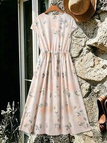 Rusticease Women's Pink Floral Summer Boho Beach Vacation Dress, Holiday Long Sleeve Printed Cinched Waist A-Line Elegant Party Graduation Country Casual Outfits - Multicolor - View 3