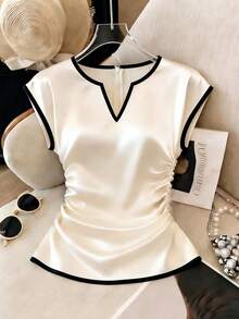 GlowEve Women's Apricot Base Black Trim Contrast Color Satin V-Neck Side Ruched Drawstring Elegant Short Sleeve Blouse For Summer - Apricot - View 3
