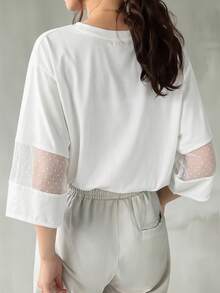 FRIFUL Women's Summer Casual Mesh Patchwork T-Shirt - White - View 2