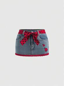 ROMWE Avant Y2K Lace Patchwork Seven-Star Ladybug Embroidered Polka Dot Low-Waist Vintage Denim Mini Skirt For Women - Blue - View 1