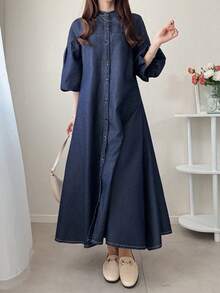 FRIFUL Vestido vaquero de mujer de manga farol suelta de hombros caídos, de un solo pecho, para uso casual, trayecto diario, primavera/verano/otoño - Azul lavado oscuro - Ver 4