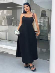 SHEIN EZwear Black Plus Size Spaghetti Strap A-Line Long Dress - Black - View 5