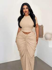 Maweii Plus Size Sexy Fitted Beach Ruched Skirt Set - Khaki - View 2
