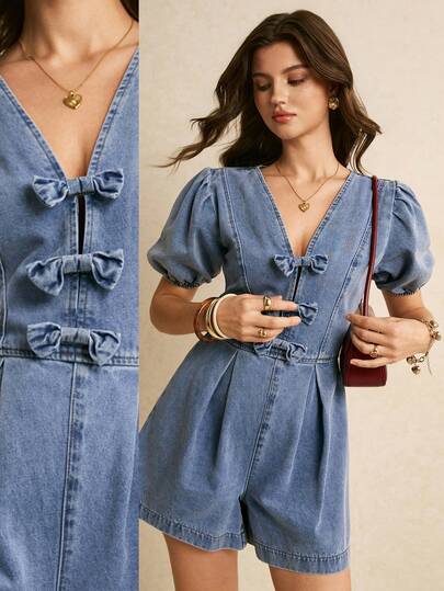 Poéselle 2026 New Arrival Cute Casual Elegant Women's Fashion Versatile Bow Decor Denim Versatile  Romper, Bubble Sleeve, Summer Outfits, Elegant Romper, Soft Comfortable Cotton Denim Fabric