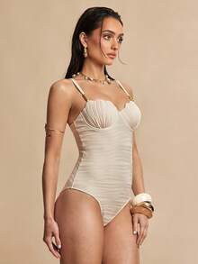 Silquee Women'S Solid Color Textured One-Piece Swimsuit For Vacation Bathing Suits For Women One Piece Swimsuit Women - Apricot - View 4