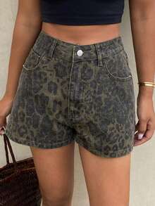 DAZY Women's Leopard Print Casual Denim Shorts - Army Green - View 1
